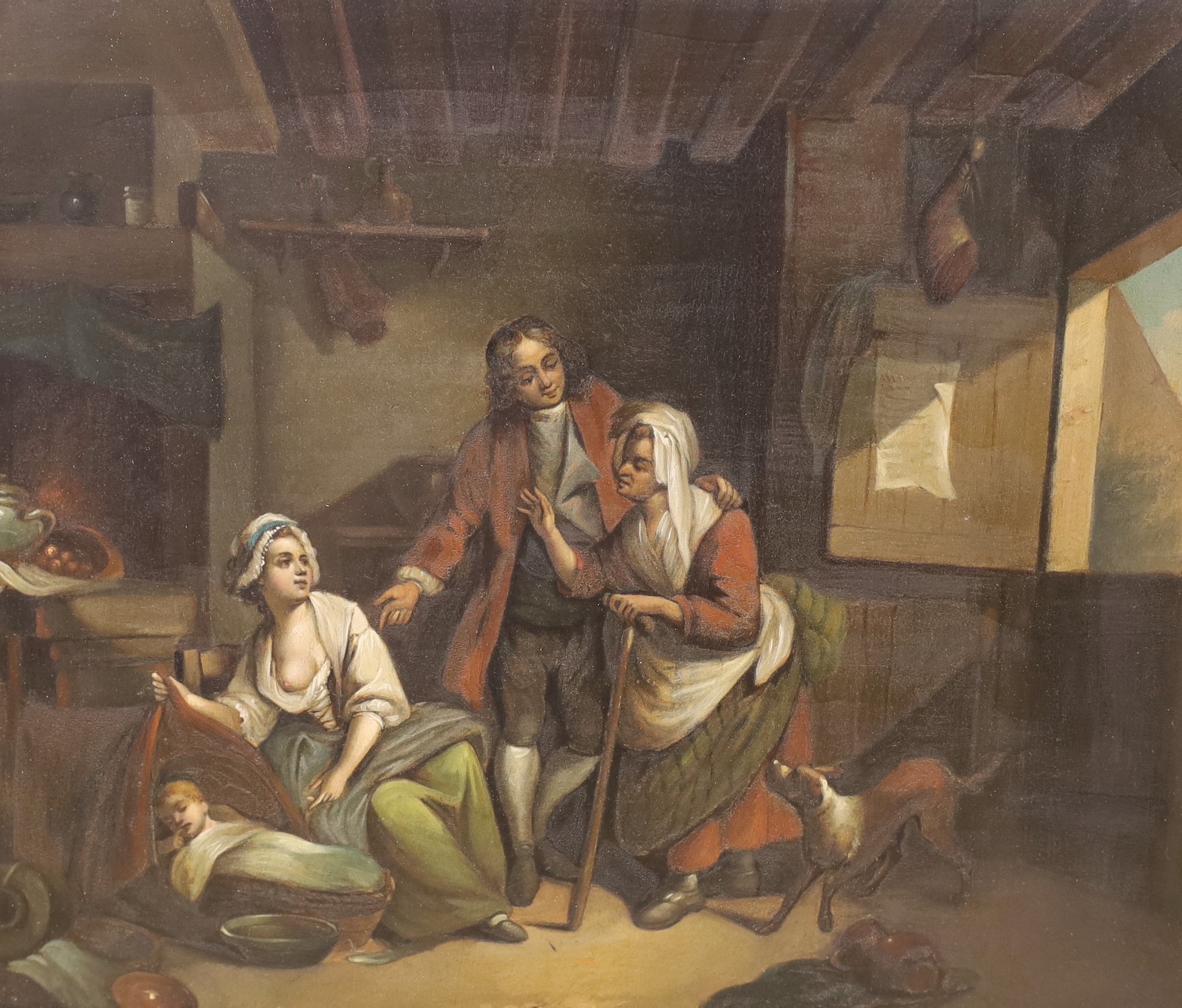 19th century German School, two oils on zinc, 18th century figures taking tea and Cottage interior, 25 x 21cm and 21 x 25cm
